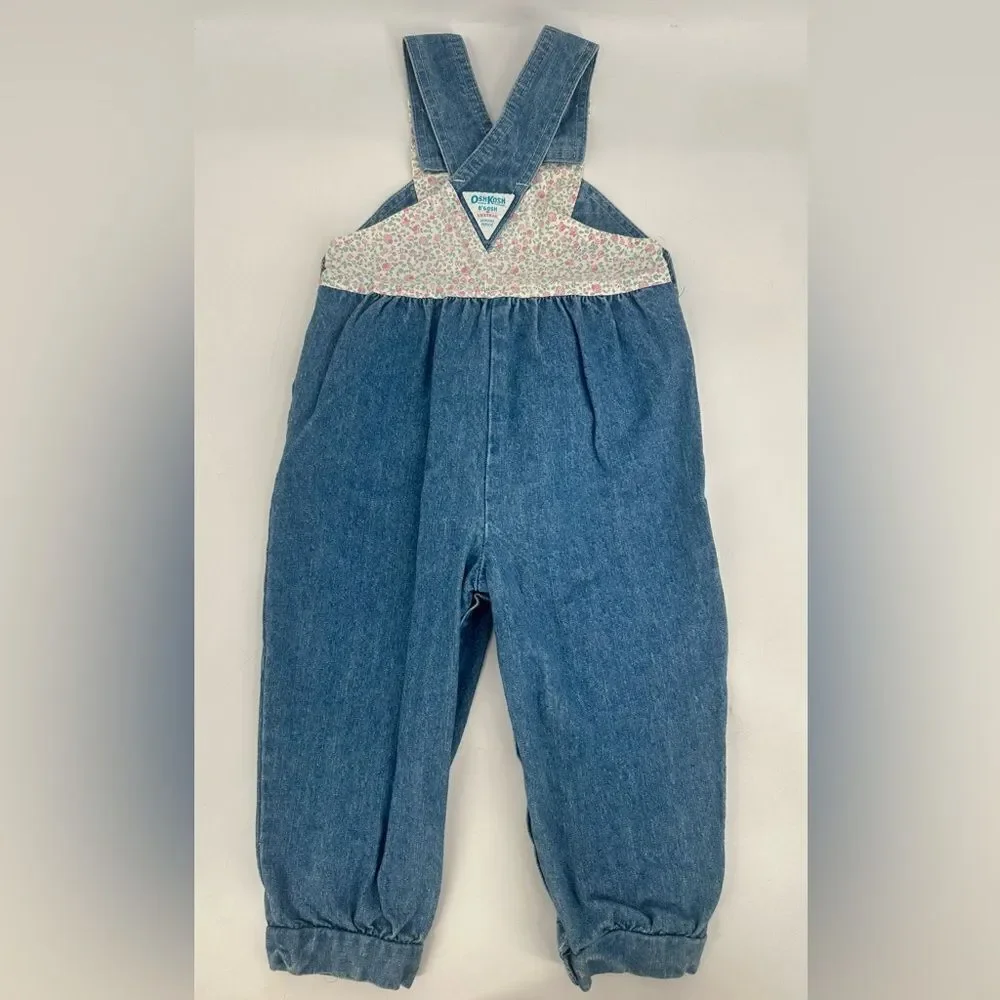 Vintage 90’s Oshkosh B Gosh Vestbak Girls Denim Pink Floral Bibs Overalls Sz 4T